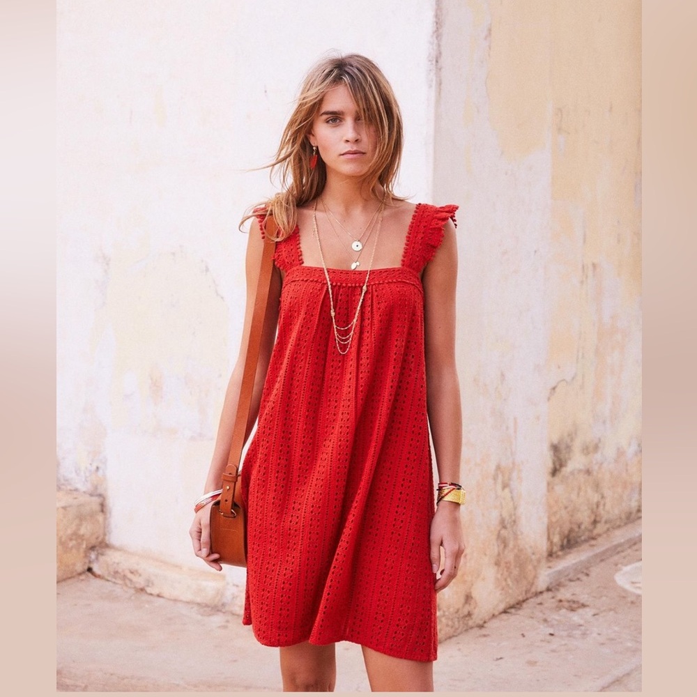 Sezane Brick Red Sleeveless Crochet Shift Sundress